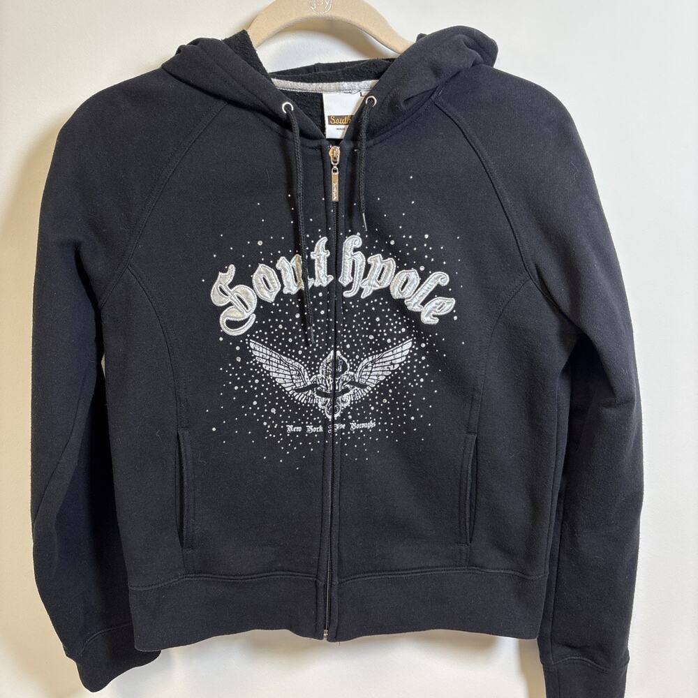 Southpole Appliqué Graphic Wing Hoodie Black Full Zip Lg Emo Streetwear Y2K